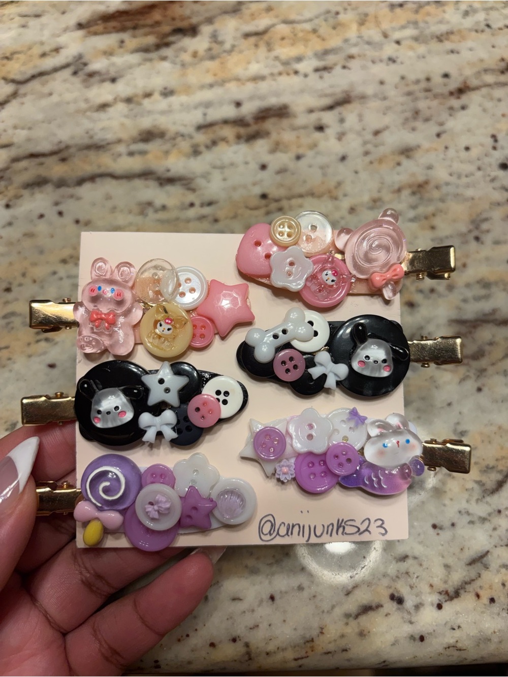Decorative Hair Clips - Pink, Black & Purple Button Set